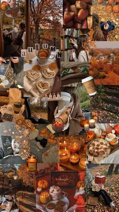 a collage of photos with pumpkins and other things