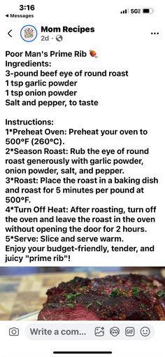 Message Mom, Round Roast, Prime Rib, Recipe For Mom, Oven Roast, Onion Powder, Garlic Powder, Baked Dishes, Steak