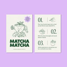 the instructions for matcha matcha are shown in green and white on a purple background