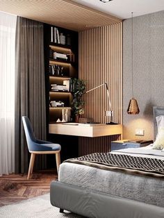 a bedroom with a bed, desk and chair in it next to a book shelf