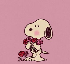 a drawing of a dog holding roses in its paws and looking at it's face