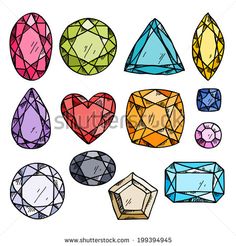 different colored diamonds and gems on a white background with clippings for each one