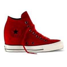 - Suede Leather!!! - Red, Black And White Leather Mid Top Wedge Sneaker Shoe - Classic Look With A Hidden Internal 2.4 Inch Wedge Red High-top Platform Sneakers, Red Low-top Platform Sneakers, Red Platform High-top Sneakers, Converse Red, Red Sneakers, Mid Top, Suede Sneakers, Womens Converse, Womens Shoes Wedges