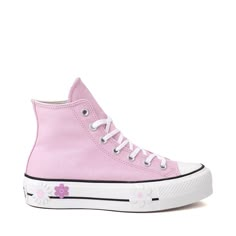 Womens Converse Chuck Taylor All Star Hi Lift Platform Floral Sneaker - Stardust Lilac | Journeys Pink Fabric Sneakers With Round Toe, Pink Low-top Fabric Sneakers, Pink Floral Print Sneakers For Summer, Converse Platform Canvas Shoes, Spring High-top Platform Sneakers With Vulcanized Sole, Pink Platform Sneakers For Summer Streetwear, Pink Platform Sneakers For Spring, Spring High-top Cotton Platform Sneakers, Summer Canvas Platform Sneakers