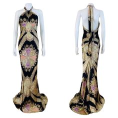 Vintage 2000s Roberto Cavalli Dress Black silk with purple, coral + cream accents throughout Abstract paisley print + metallic gold painted look accents High halter style neckline with long fabric sashes that tie at the back of the neck Fitted bodice with keyhole cut out Fitted mermaid style Flattering bias cut Maxi length w/mermaid hem Low cut open upper back Bustle look train at the back Unlined Hidden zipper up the back Marked M, Measurements - Underarm to underarm 16-18" , Waist - 13-14", Hi Gold Halter Dress, Gown Mermaid, Abstract Paisley, Roberto Cavalli Dress, Cavalli Dress, Purple Coral, Silk Dressing Gown, Mermaid Style, Vestidos Vintage