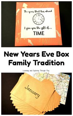 new year's eve box family tradition with pictures and text overlaying it