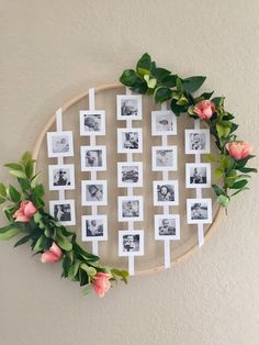 a wall hanging with pictures and flowers on it, in the shape of a circle