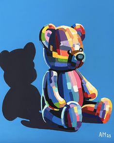 a painting of a colorful teddy bear next to a shadow on a blue background,