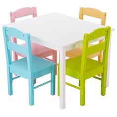 three children's chairs and a table with one child's chair at the top