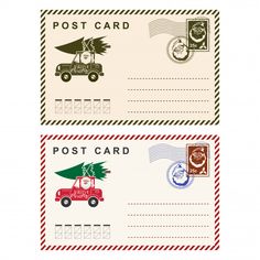 two post cards with stamps on them, one has a car and the other has a tree