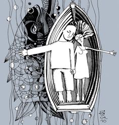 a black and white drawing of two people in a boat