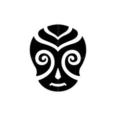 a black and white mask with swirls on the face is featured in this logo design