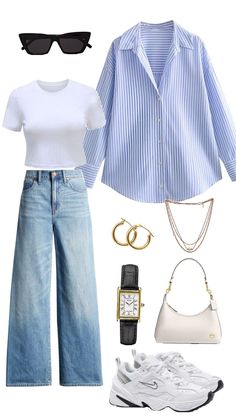 Basics #ootd #basic #outfitinspo #casual #neutral #grwm #blueshirt #whitetee #coffeeaesthetic Comfy Capsule Wardrobe, Comfy Outfit Ideas, Neutral Wardrobe, Simple Casual Outfits, Wardrobe Update, Blue Fits, Rainy Day Outfit, Cute Everyday Outfits, Western Outfits