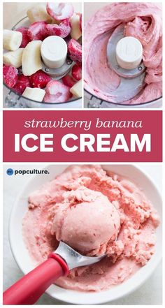 strawberry banana ice cream in a white bowl with a red spoon and two pictures above it