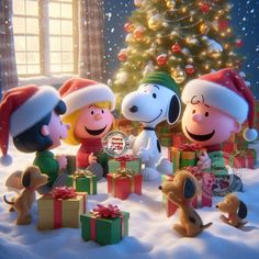 the peanuts gang with presents in front of a christmas tree and snoop's family