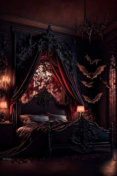 a gothic bedroom with an elaborate bed and red drapes on the window sill