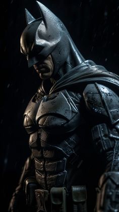 batman in the dark knight costume standing on a black background with rain falling over it