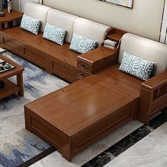 a living room filled with lots of wooden furniture and decor on top of carpeted flooring