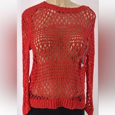 New Christian Siriano Runway Style Womens Red Loose Knit Sweater Sz S Retail $98 Casual Red Pointelle Knit Top, Casual Red Tops With Pointelle Knit, Red Textured Knit Sweater For Layering, Trendy Textured Knit Red Tops, Red Knit Top For Fall, Casual Red Summer Sweater, Red Knitted Long Sleeve Tops, Red Fine Knit Tops For Spring, Trendy Red Stretch Knit Top