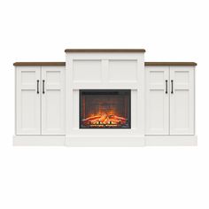 a white fireplace with an open door and fire place in the center, on a white background