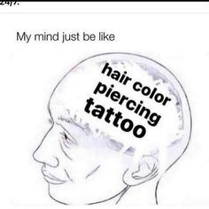 a drawing of a man's head with the words hair color piercing tattoo on it