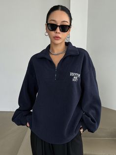 Navy Blue Casual Collar Long Sleeve Fabric Letter Half Placket Embellished Slight Stretch Fall/Winter Women Clothing Collared Sweatshirt Outfit, Grey Quarter Zip Outfit, Half Zip Sweatshirt Outfit, Blue Sweatshirt Outfit, Modest Casual Outfits, Navy Blue Sweatshirt, Women Sweatshirts, Dropped Shoulder Sweatshirt, Cute Lazy Outfits