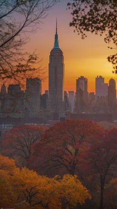 the sun is setting over new york's skyline as seen from central park in autumn