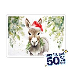 a sticker with an image of a donkey wearing a santa hat