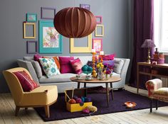 two pictures side by side, one with colorful furniture and the other with art