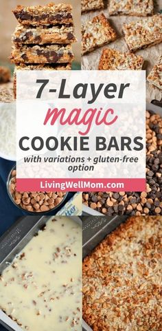 a collage of seven layer magic cookie bars with variations and gluen - free options