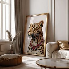 a living room with a leopard painting on the wall