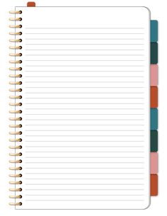 an open notebook with lined paper and colored pencils