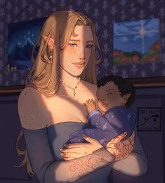 a woman holding a baby in her arms with tattoos on it's arm and chest