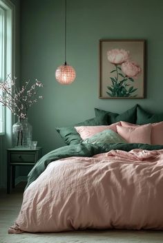 a bedroom with green walls and pink bedding