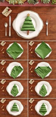 the table is set with green napkins and place settings for christmas dinner party decorations