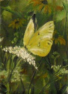 a painting of a yellow butterfly sitting on top of a white flower in the grass