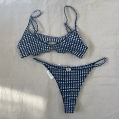 Navy + White Plaid Bikini That Sold Out Instantly On Revolve! Unpadded With Adjustable Shoulder Straps. Fabric Is Seersucker. Added Photos Of The Exact Bikini In Red For Fit Reference, But It's Blue. Size: Medium -- Fits Like A Small. Condition: Brand New Tags Are Still Attached. Never Worn No Returns Xo Plaid Bikinis, Fit Reference, Summer Attire, Orange Plaid