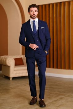 Indulge in the everlasting charm of VIOSSI's Navy Slim-Fit Suit 3-Piece - an impeccably tailored ensemble created with the discerning gentleman in mind. Immerse yourself in the refined aesthetics of the impeccably designed, adorned with distinct peak lapels, showcasing a harmonious blend of sophistication and adaptability. #viossi #navyensemble #slimfitblazer #peaklapels #everlastingcharm #formalattire #menswear #elegantstyle #polishedappearance #preparedforeveryoccasion. Navy Slim Fit Suit, Blue Suits, Slim Fit Tuxedo, Navy Blue Suit, Elegant Attire