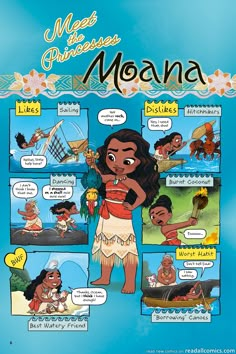 an illustrated book with the title mes princesses moana written in english and spanish