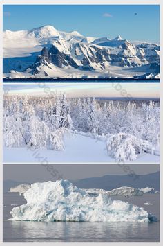 two pictures of snow covered mountains and ice floes in the foreground with water below