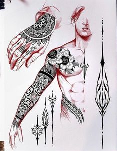 a drawing of a man's arm with tattoos on it and his hand in the air