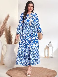 Morocco Dress, Knot Front Dress, Front Knot Dress, Blue And White Style, Casual Day Outfits, Boho Patterns, Bishop Sleeve, Geo Print