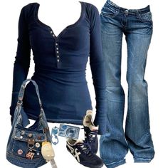 Cute Blue Outfits, 2010 Outfits, Y2k Jewellery, Aesthetic Outfits Y2k, Outfit School, Outfits 2000s, 2010 Fashion, Outfit Date Night