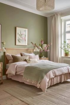 a bedroom with green walls, white bedding and pink flowers on the nightstands