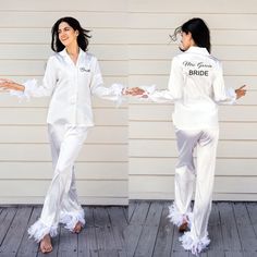 Bride to be, Bridal White Silky Pajama with Feathers, Bridesmaid Custom Feathers Pjs, Personalized pajama, Bachelorette Pyjamas-feat,al Introducing our hilarious and cozy silky pajamas with feathers! Perfect for a fun and whimsical night in, these pajamas feature a colorful and fluffy feather design that will have you feeling like a silly bird. Made with soft and breathable materials, these pajamas are perfect for lounging around the house, watching your favorite movies, or even wearing to a sle White Pajama Party Sets With Long Pants, White Long Pants Sets For Pajama Party, Wedding Night Long Sleeve Fitted Sleepwear, Fitted Long Sleeve Sleepwear For Wedding Night, Fitted Satin Set For Wedding Night, White Long Pants Set For Sleepovers, Long Sleeve Satin Sets For Wedding Night, Satin Long Sleeve Sets For Wedding Night, Fitted Long Sleeve Sets For Wedding Night