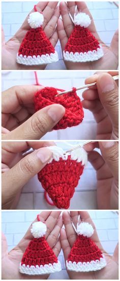 crocheted santa hat ornament is being made with yarn, and then knitted