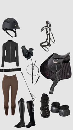 an assortment of equestrian gear including boots, riding helmets and gloves