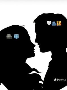 the silhouette of two people are facing each other with emoticions on their foreheads