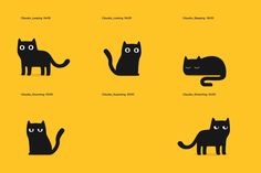 black cats with different facial expressions on yellow background