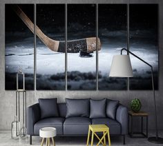 an ice hockey goalie's net in the night with snow and stars multi panel canvas wall art